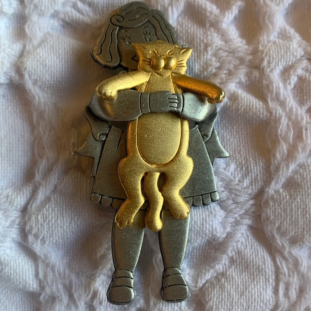 Cat Hug Girl Vintage JJ Jonette Pin - Gold & Silver Metal